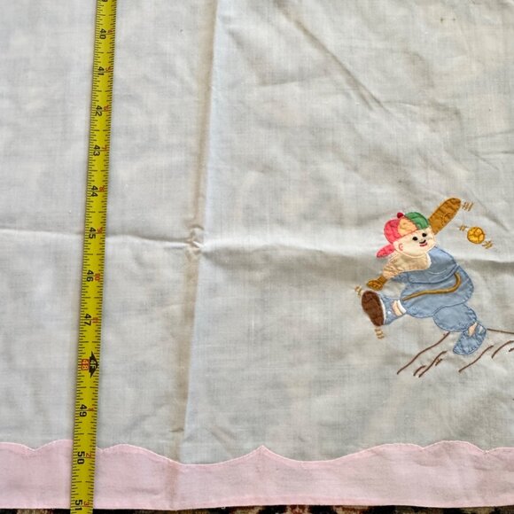 Vintage Embroidered Baby Crib Flat Sheet  Jump Rope Skiing Baseball White Pink - Picture 3 of 9